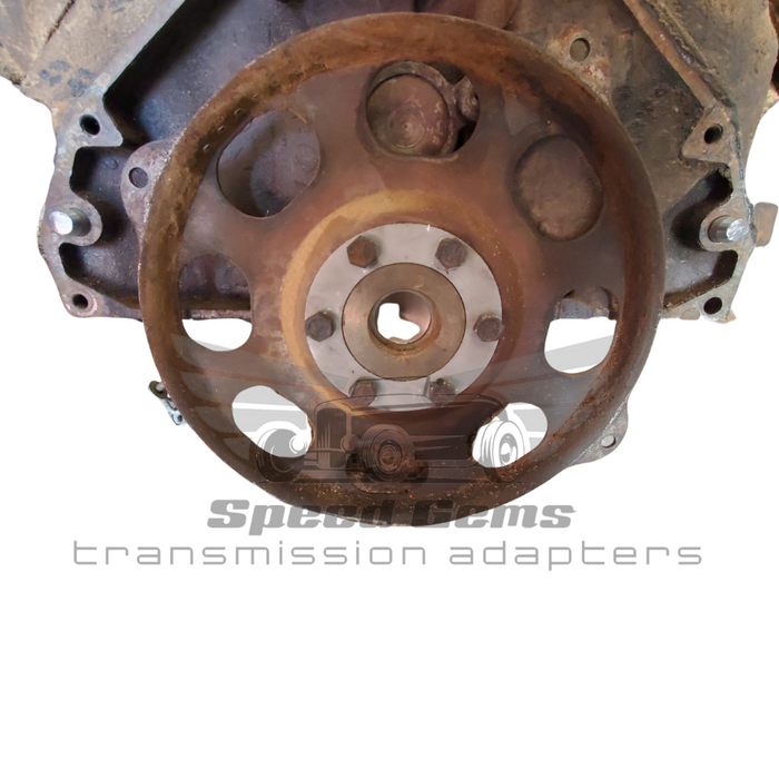 CA701 1964 Cadillac 429 to Hydramatic spacer kit installed on engine — front view