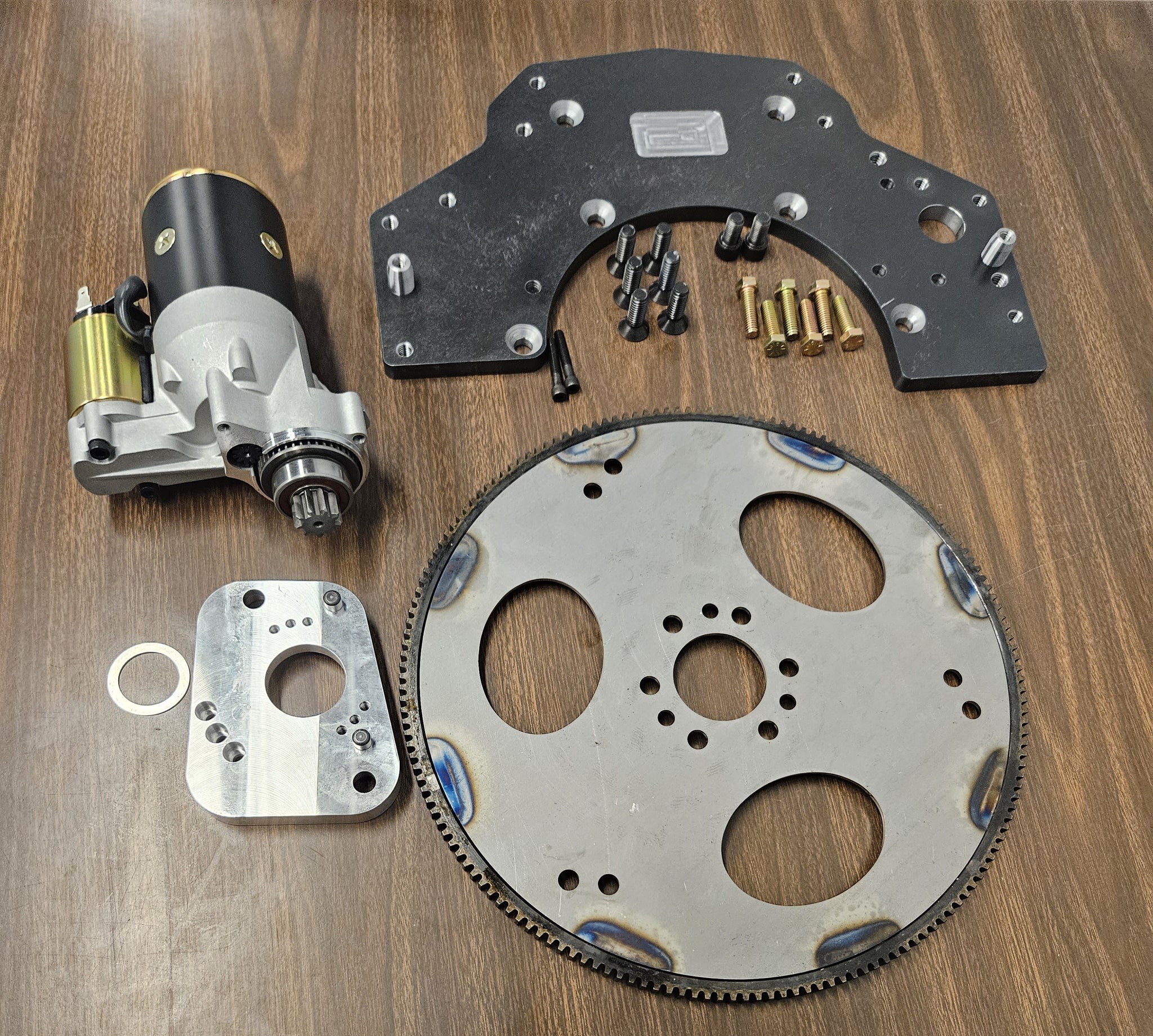  CH301 Chevy Stovebolt 216/235/261 to Chevy V8 automatic transmission adapter kit — adapter plate, flexplate, starter, and hardware