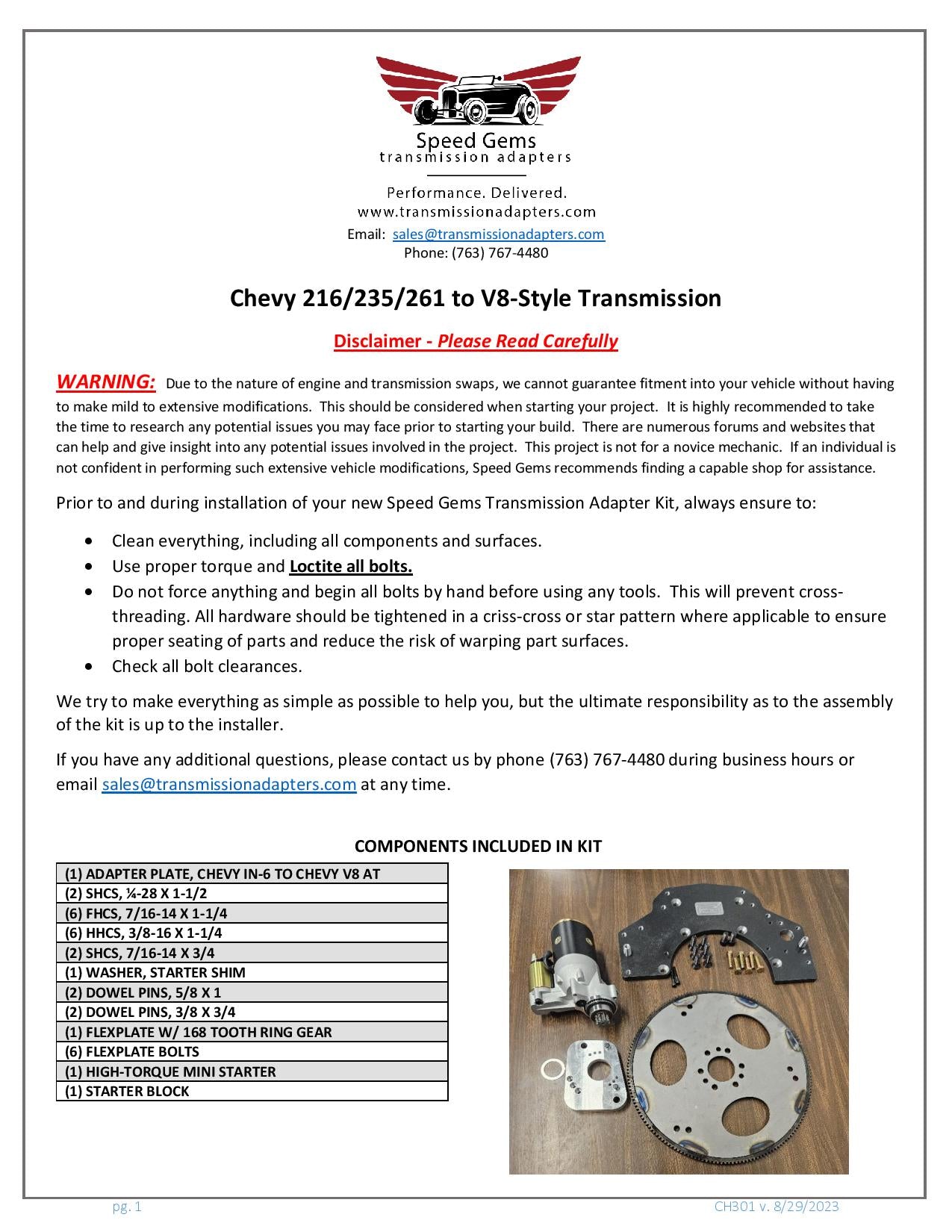 CH301 Chevy Stovebolt to V8 automatic adapter kit installation instructions page 1
