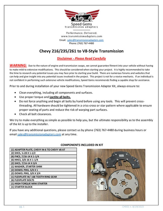 CH301 Chevy Stovebolt to V8 automatic adapter kit installation instructions page 1