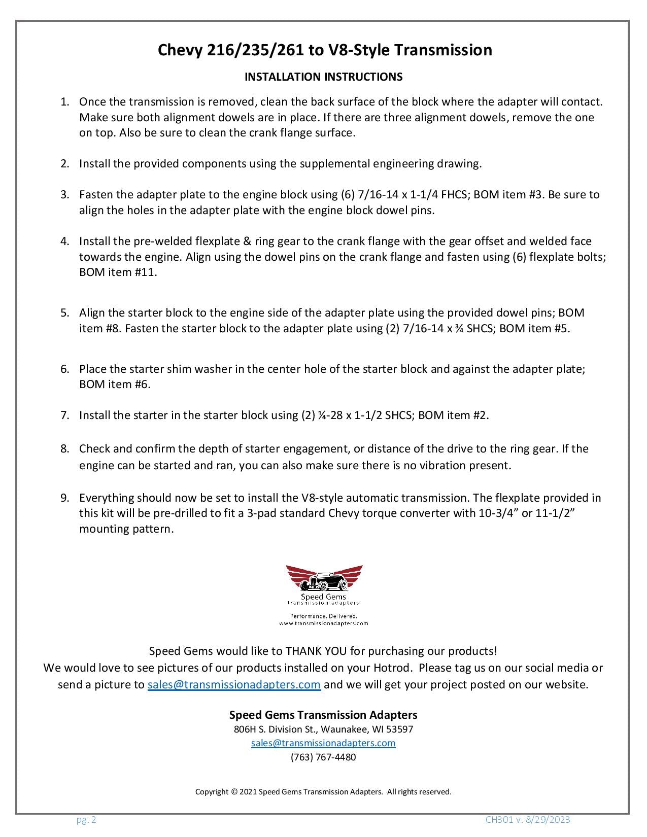 CH301 Chevy Stovebolt to V8 automatic adapter kit installation instructions page 2