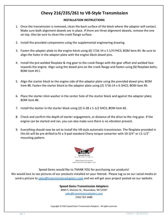 CH301 Chevy Stovebolt to V8 automatic adapter kit installation instructions page 2