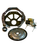 Mechanical components including a flywheel, clutch plate, and starter motor on a white background
