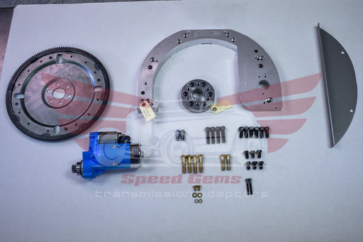 FO301 Ford Y-block 239/252/272/292/312 to Ford AOD transmission adapter kit — flexplate, adapter plate, starter, and hardware