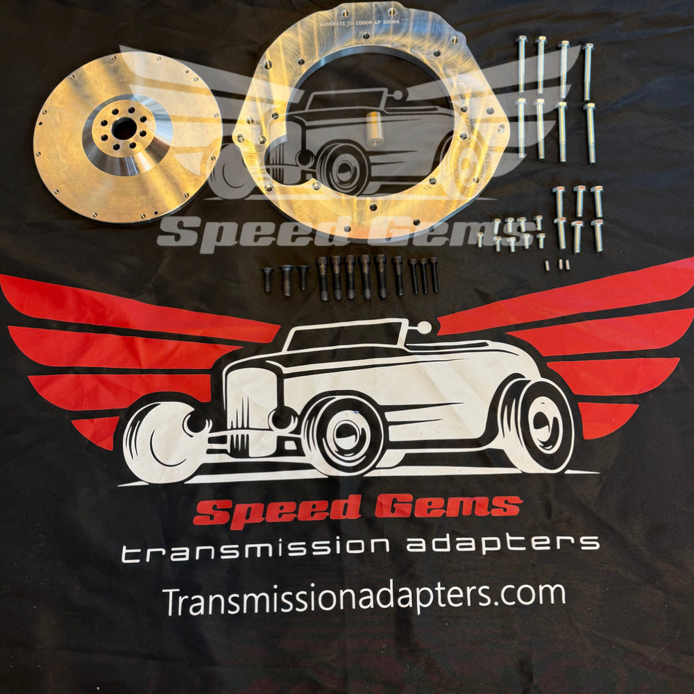 MAS101 Ferrari/Maserati F136 to Nissan CD009 6-speed transmission adapter kit — custom flywheel, adapter plate, and hardware