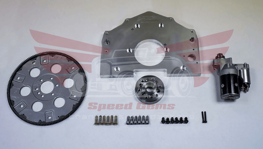 ME101 Mercedes OM616/OM617 5-cylinder diesel to Chevy automatic transmission adapter kit — flexplate, adapter plate, starter, and hardware