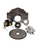 Mechanical parts including a motor, gears, and metal components on a white background
