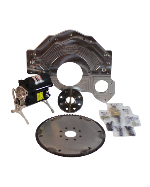 Mechanical parts including a motor, gears, and metal components on a white background