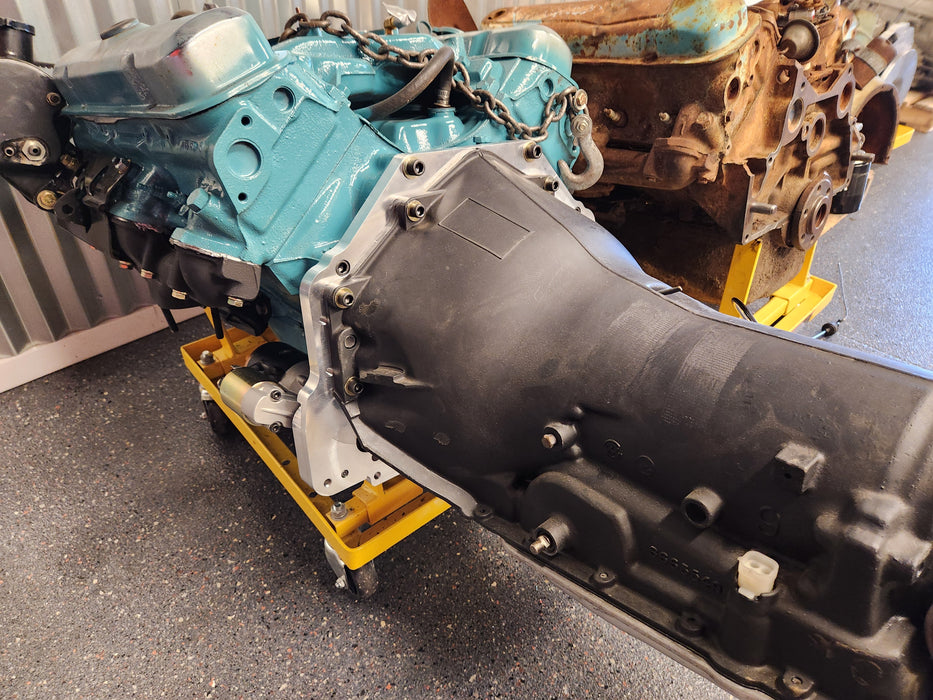 WPO101 1955-1960 Pontiac V8 to Chevy automatic transmission adapter — assembled with transmission installed