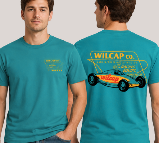 Man wearing a teal t-shirt with a racing car design on the back, on a light gray background
