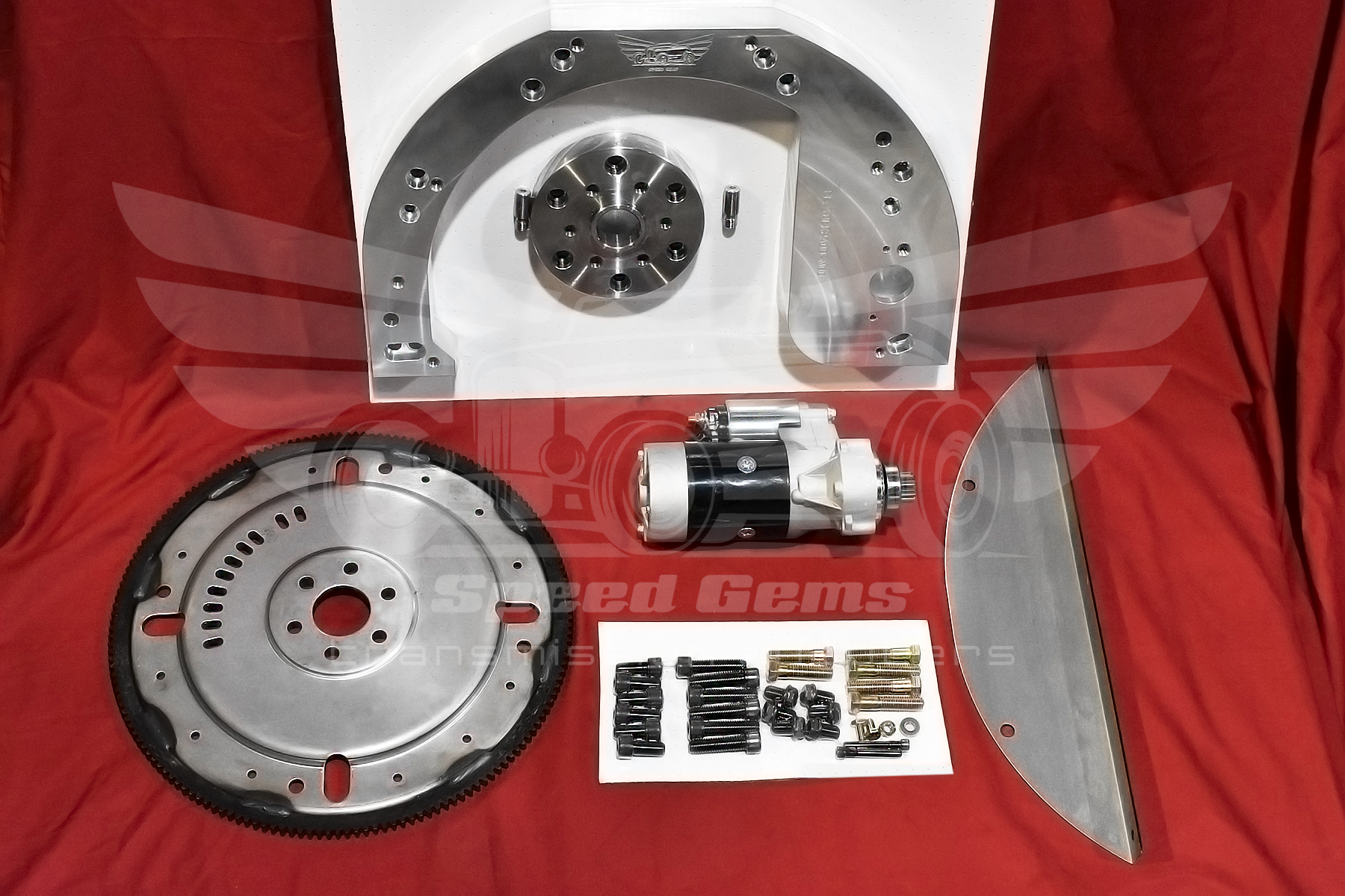 FO201 Ford FE 352-427 to Ford AOD adapter kit — adapter plate, crank adapter, flexplate, starter, and hardware