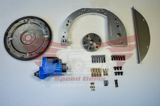 FO203 Ford FE 352/360/390/406/427 to Ford Modular 6R80/4R70W transmission adapter kit — flexplate, adapter plate, starter, and hardware