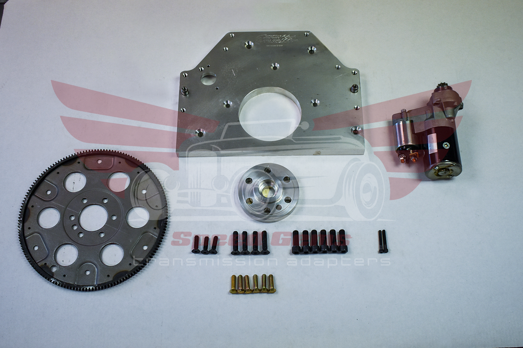 HU101 Hudson 262/308 to Chevy automatic transmission adapter kit — flexplate, adapter plate, starter, and hardware