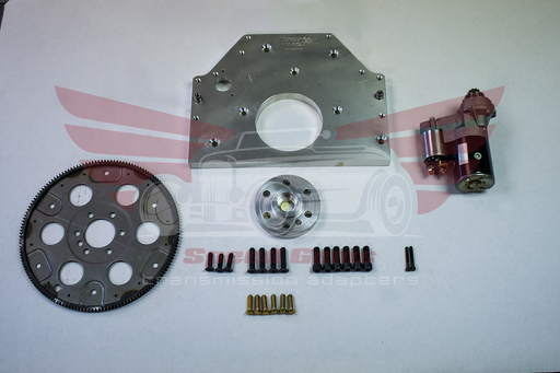 HU101 Hudson 262/308 to Chevy automatic transmission adapter kit — flexplate, adapter plate, starter, and hardware