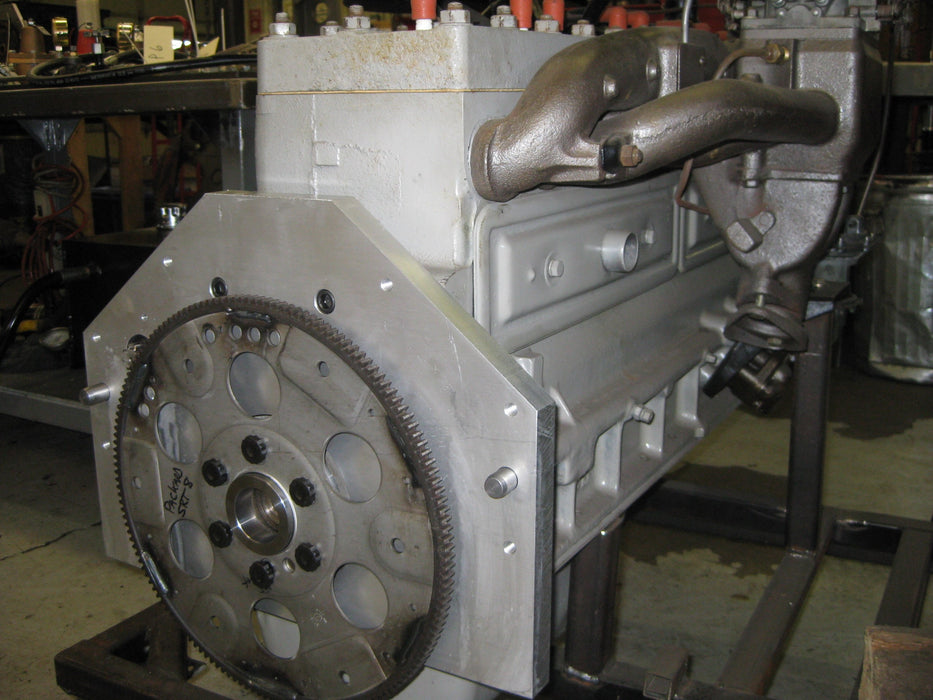 HU102 Hudson 308 to Chevy automatic transmission adapter installed on engine — bellhousing view
