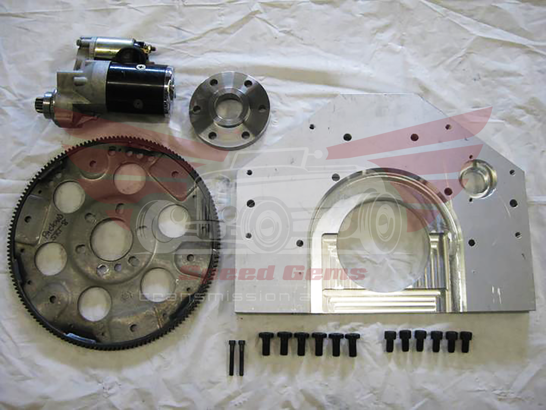 HU102 Hudson 308 to Chevy automatic transmission adapter kit — flexplate, adapter plate, starter, and hardware