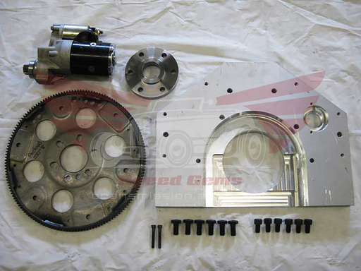 HU102 Hudson 308 to Chevy automatic transmission adapter kit — flexplate, adapter plate, starter, and hardware