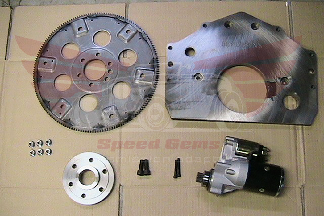 KW101 1947-1962 Kaiser Willys 226 flathead to Chevy automatic transmission adapter kit — flexplate, adapter plate, starter, and hardware